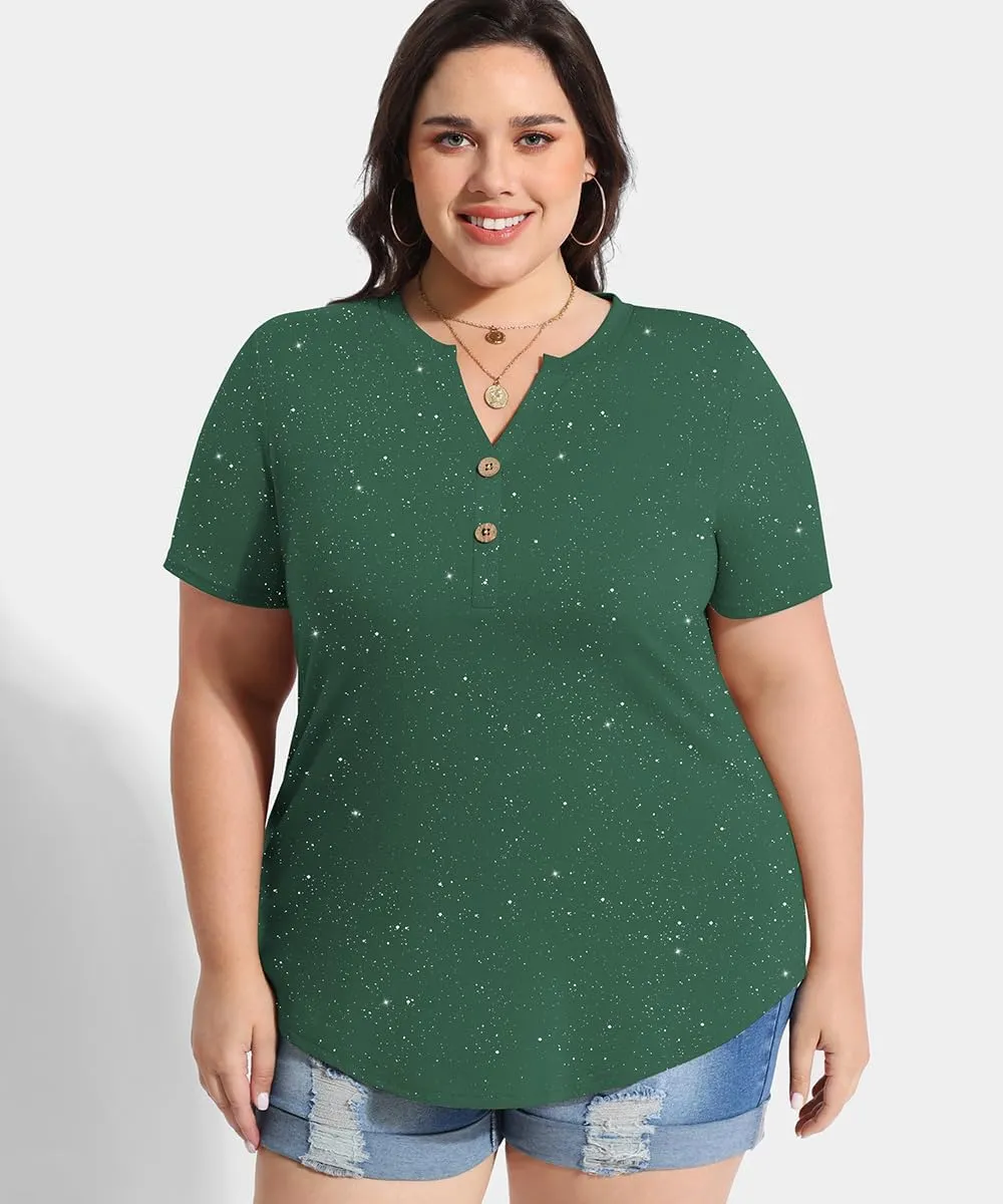 RITERA Plus Size Tops for Women V Neck Button Up Short Sleeve Henley Tshirt Casual Blouse Pullover Basic 12W 14W XL-5XL