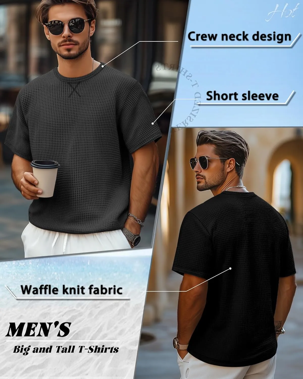 Riyiper 3 Pack Men's Big and Tall Waffle Knit T-Shirts XL-5XL Casual Textured Summer Short Sleeve Tops Crew Neck Basic Tee