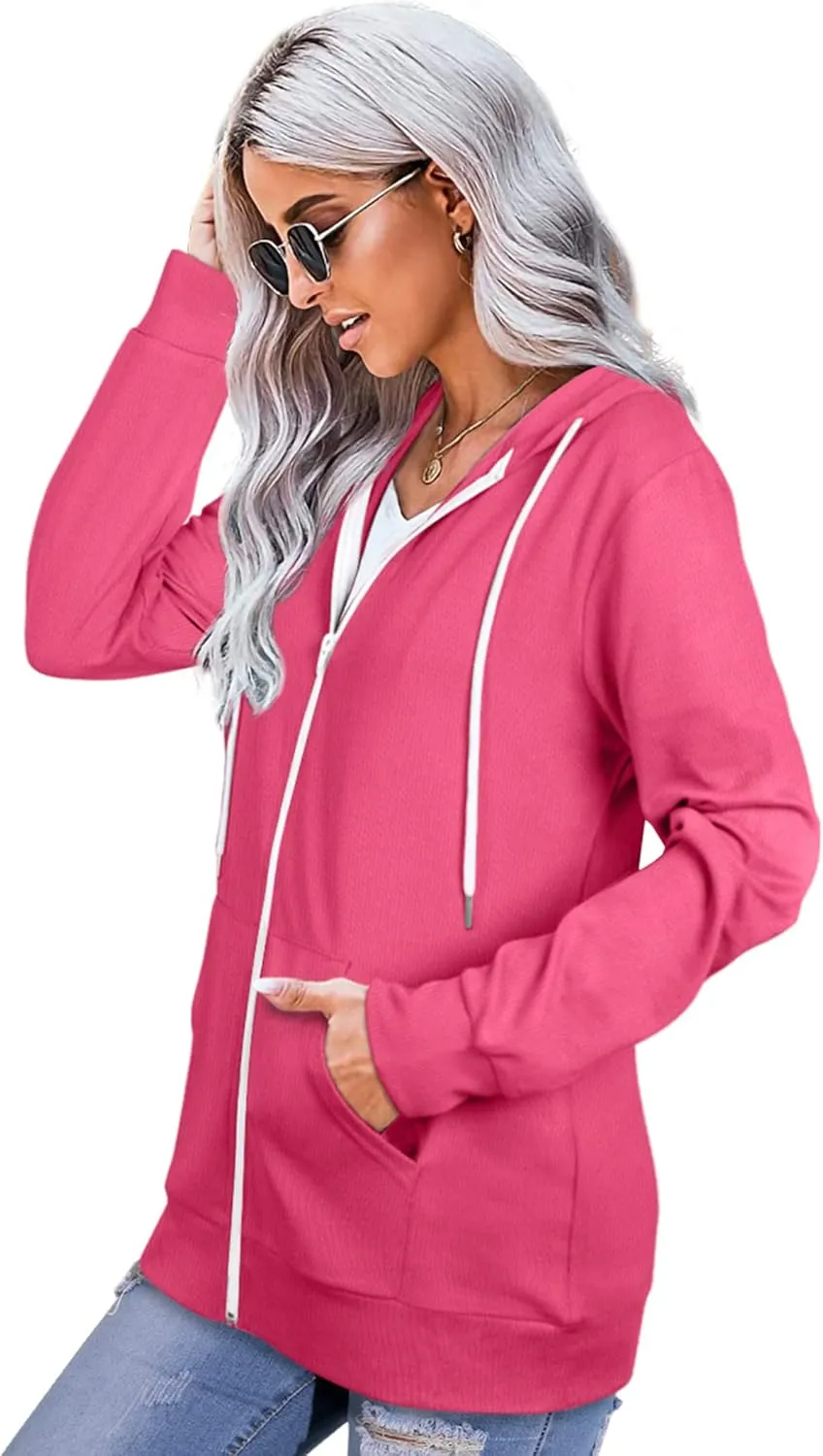 Saloogoe Lightweight Zip Up Hoodies for Women Hooded Sweatshirts Long Sleeve Thin Jacket with Zipper