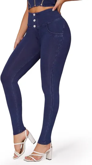 SEASUM Womens High Waist Butt Lifting Stretch Jeans 3 Button Push Up Curvy High Rise Leggings