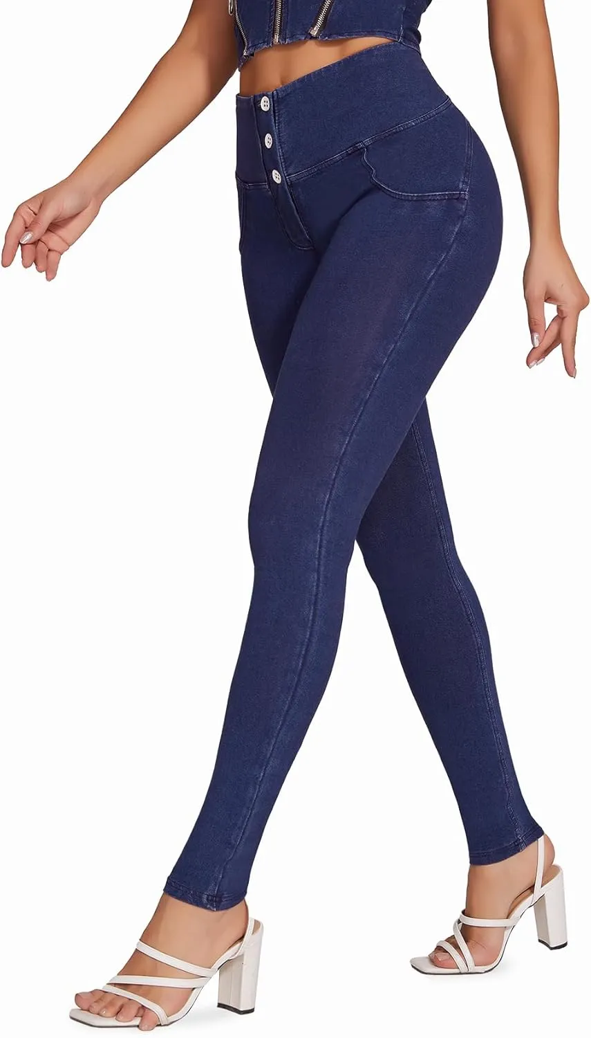 SEASUM Womens High Waist Butt Lifting Stretch Jeans 3 Button Push Up Curvy High Rise Leggings