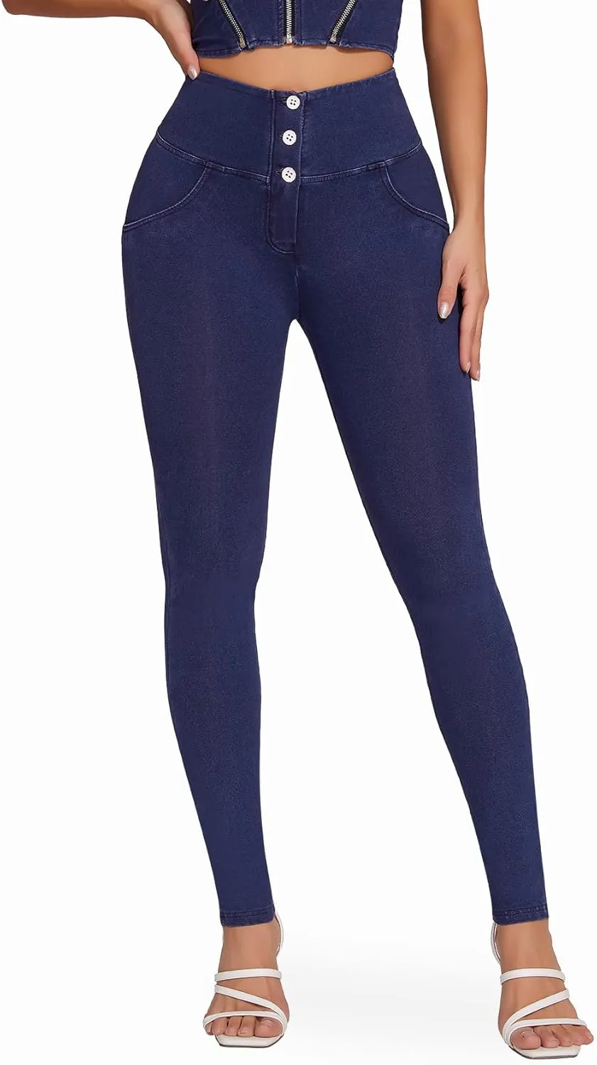 SEASUM Womens High Waist Butt Lifting Stretch Jeans 3 Button Push Up Curvy High Rise Leggings