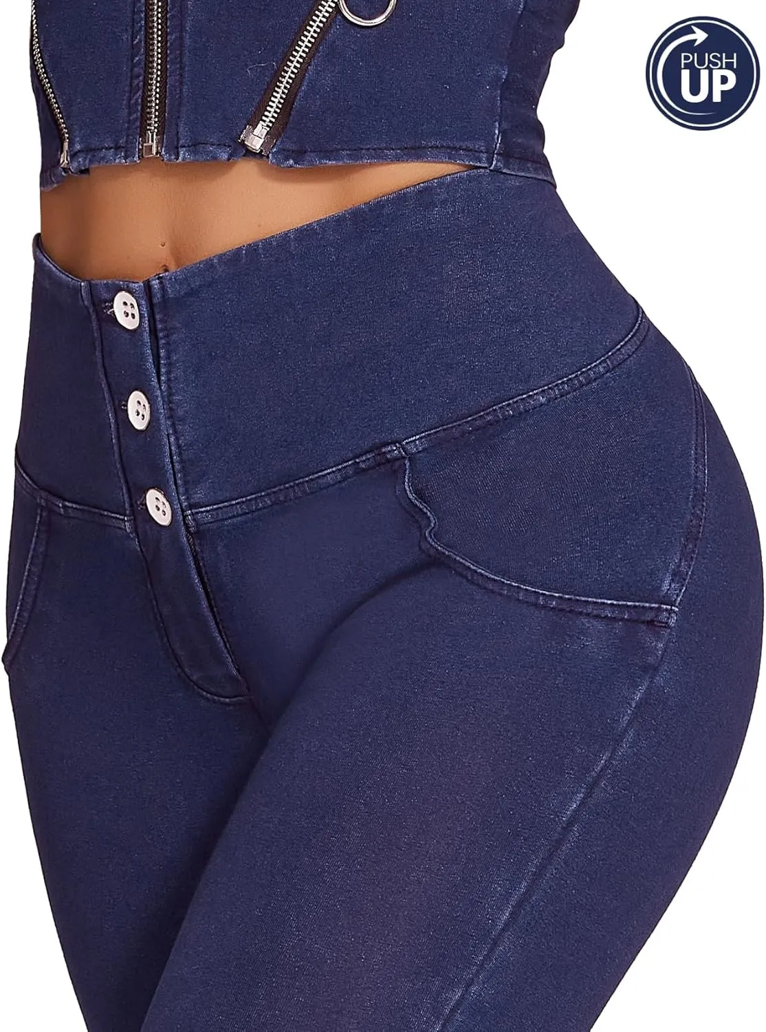 SEASUM Womens High Waist Butt Lifting Stretch Jeans 3 Button Push Up Curvy High Rise Leggings