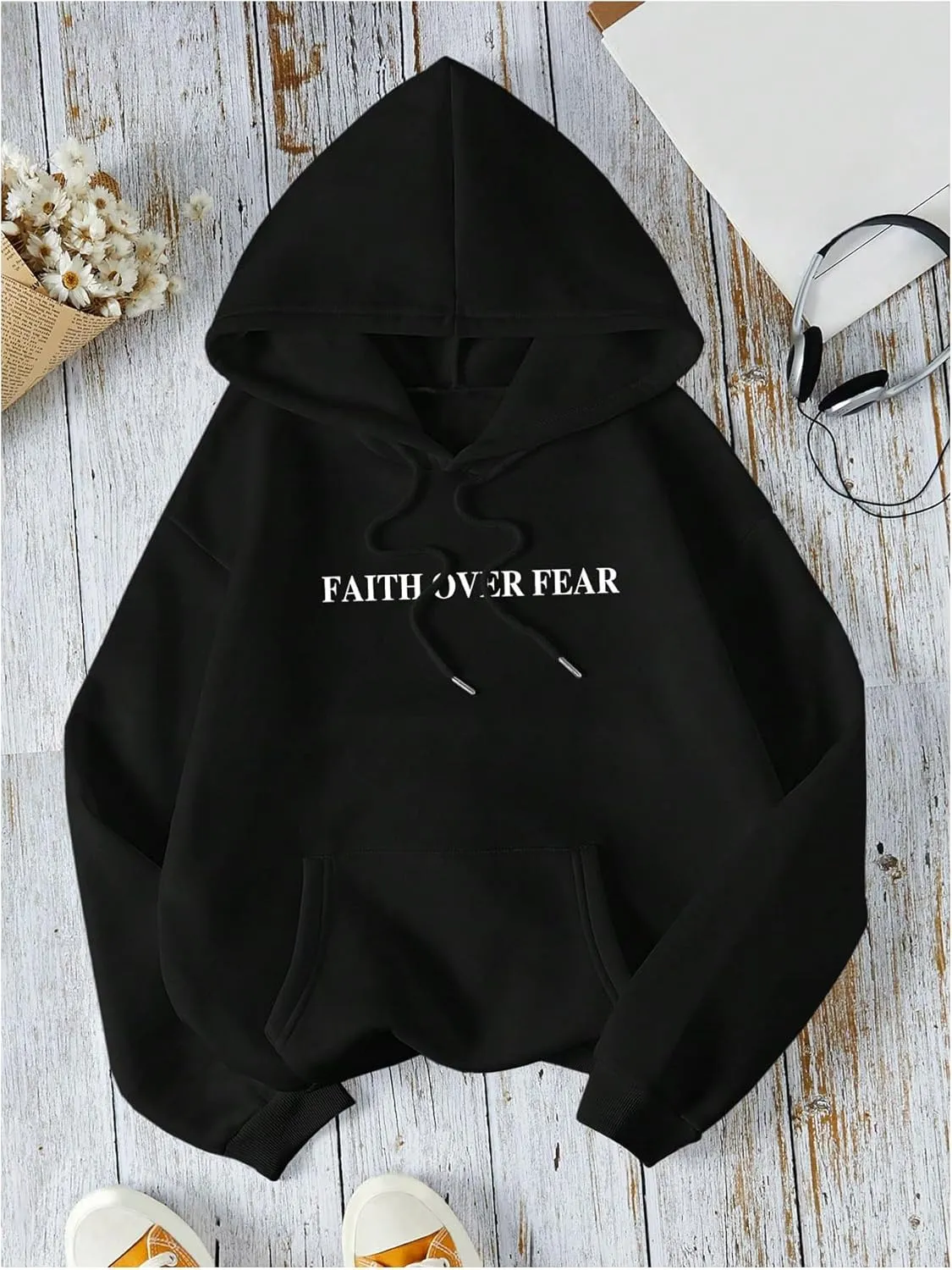 SHENHE Women's Graphic Hoodie Slogan Faith Over Fear Christian Hoodie Pullover Sweatshirt