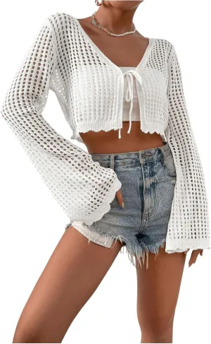 SHENHE Women's Tie Front Tops Bell Long Sleeve Knit Crochet Cardigan Crop Top