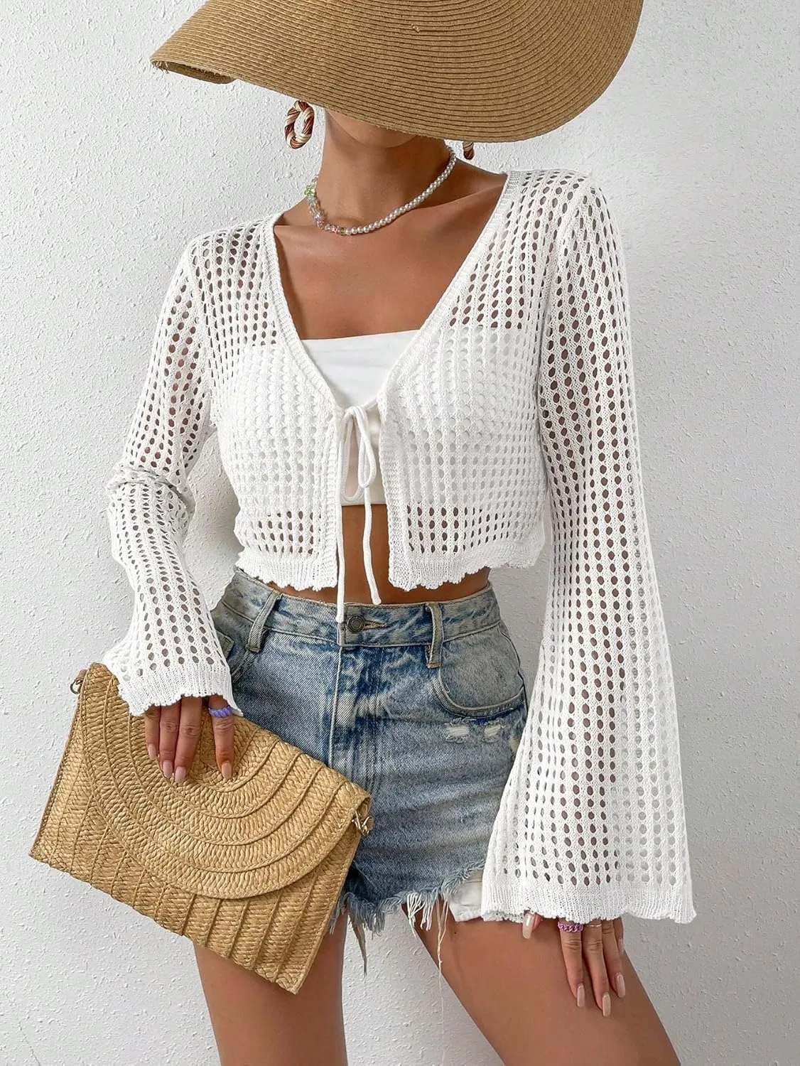 SHENHE Women's Tie Front Tops Bell Long Sleeve Knit Crochet Cardigan Crop Top
