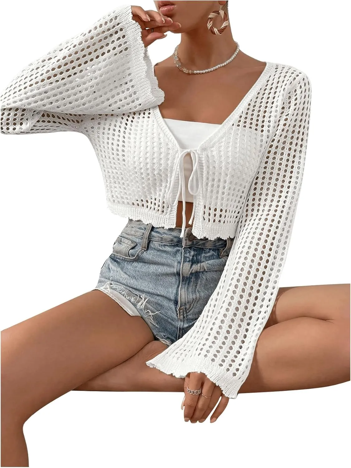 SHENHE Women's Tie Front Tops Bell Long Sleeve Knit Crochet Cardigan Crop Top