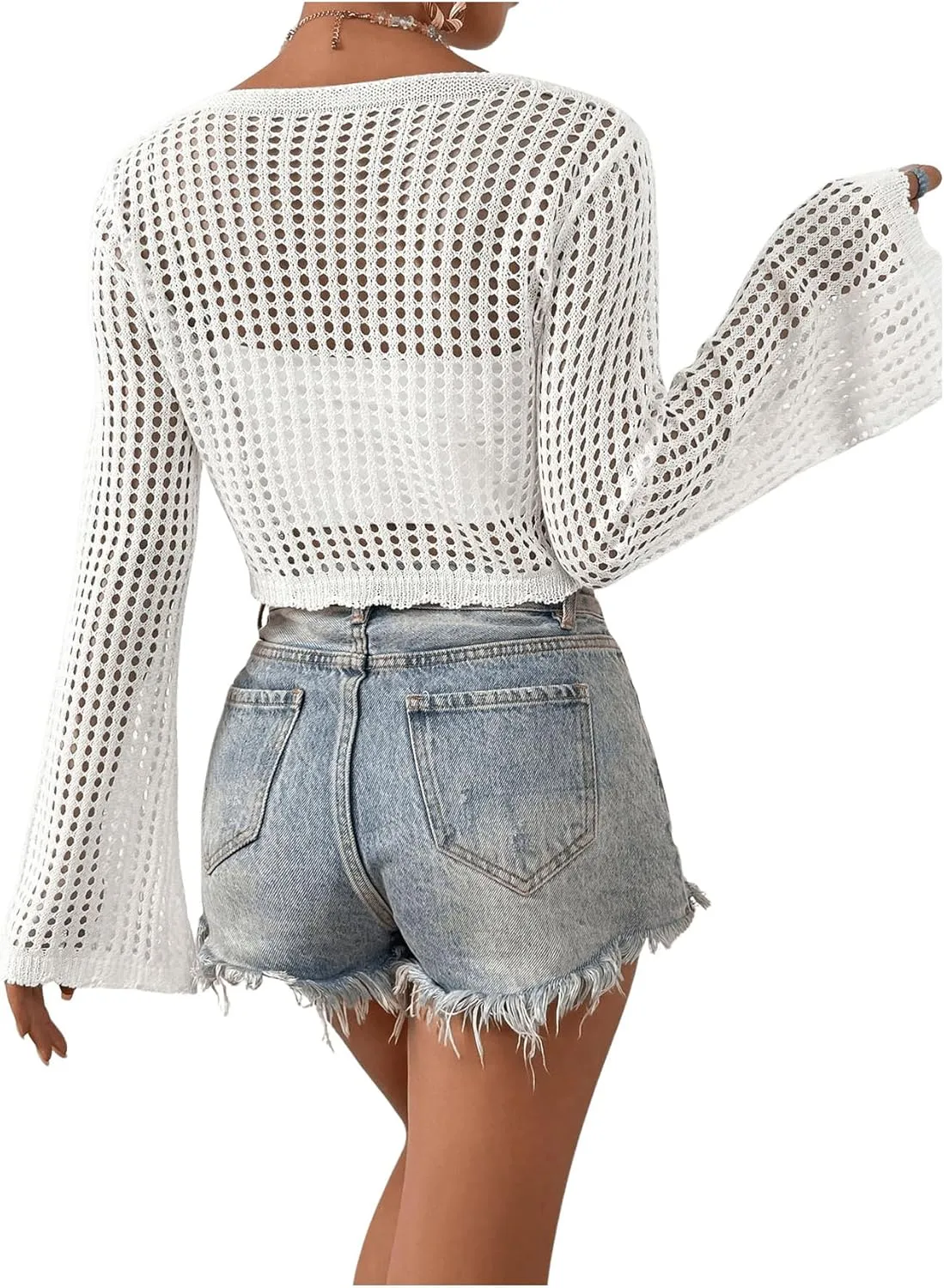 SHENHE Women's Tie Front Tops Bell Long Sleeve Knit Crochet Cardigan Crop Top