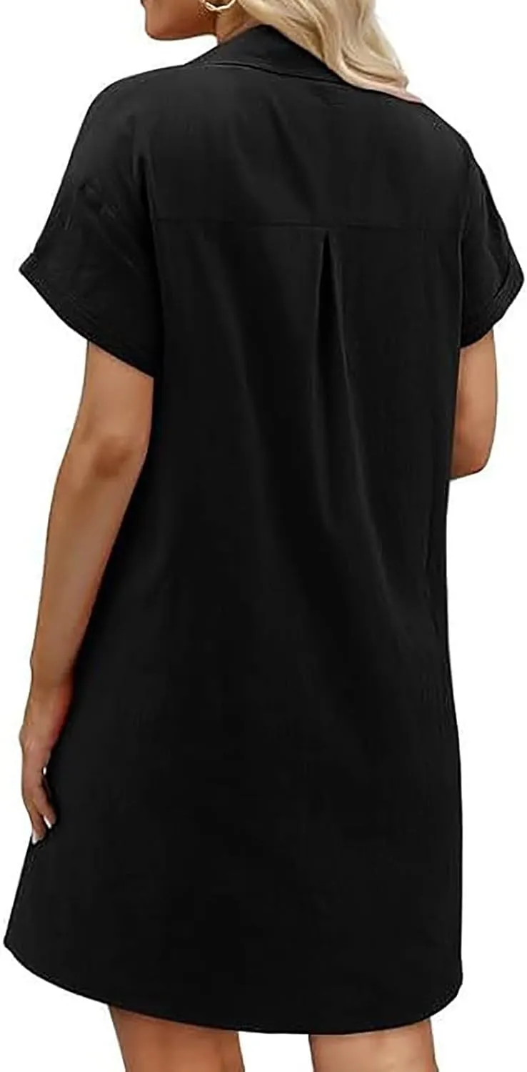 Shirt Dresses for 2025 Casual Lapel Neck Short Sleeve Button Dress Comfy Solid Cotton Linen Mini Dress with Pockets