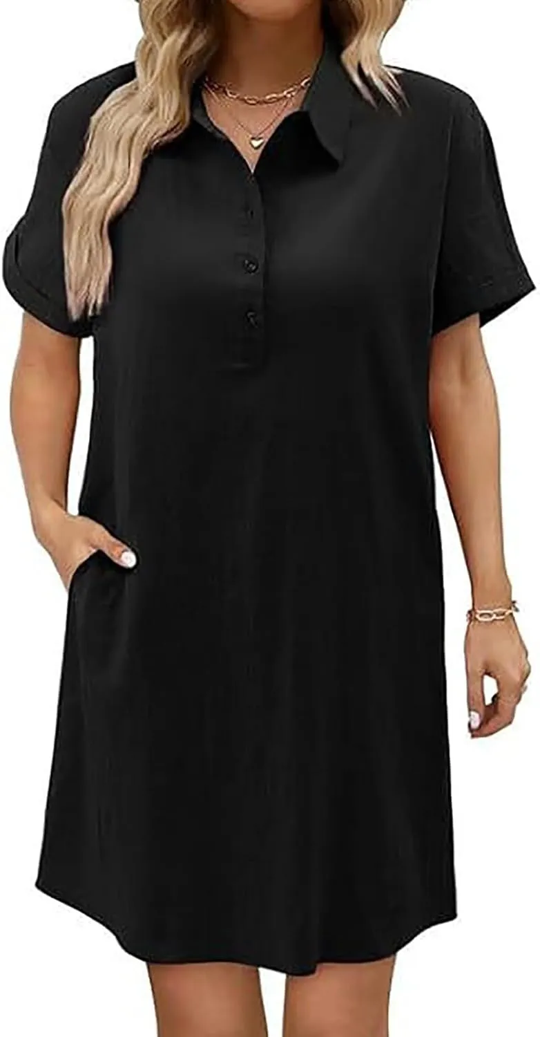 Shirt Dresses for 2025 Casual Lapel Neck Short Sleeve Button Dress Comfy Solid Cotton Linen Mini Dress with Pockets