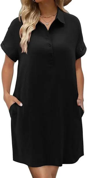 Shirt Dresses for 2025 Casual Lapel Neck Short Sleeve Button Dress Comfy Solid Cotton Linen Mini Dress with Pockets