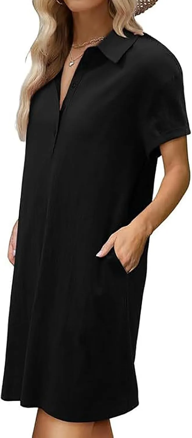 Shirt Dresses for 2025 Casual Lapel Neck Short Sleeve Button Dress Comfy Solid Cotton Linen Mini Dress with Pockets