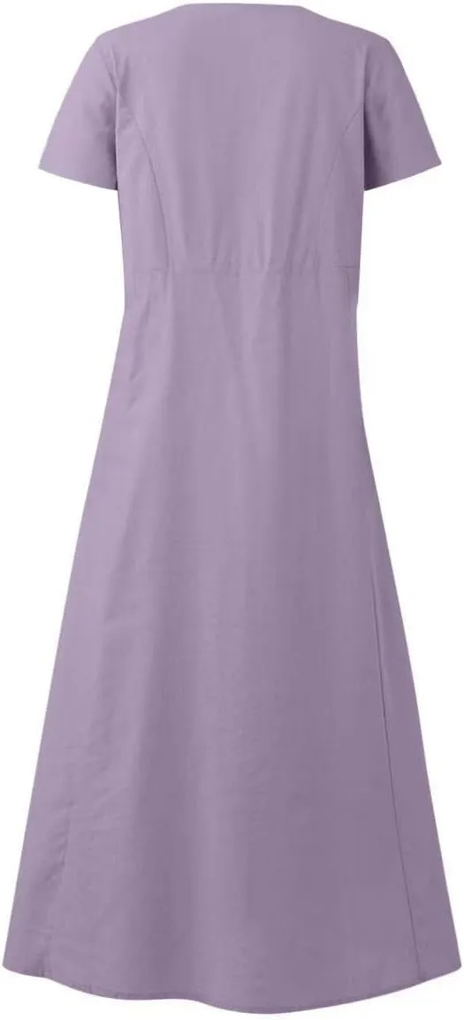Sinzelimin Women Summer Dresses Boho Fashion Solid Color Cotton Linen Midi Dress Plus Size Loose Casual Pocket Beach Sundress
