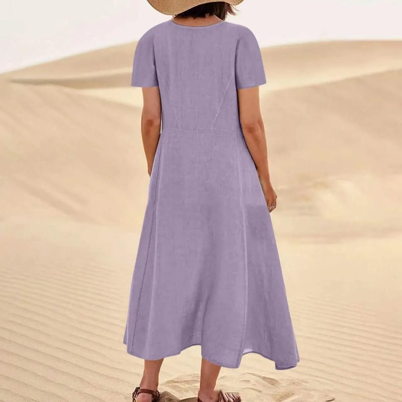 Sinzelimin Women Summer Dresses Boho Fashion Solid Color Cotton Linen Midi Dress Plus Size Loose Casual Pocket Beach Sundress