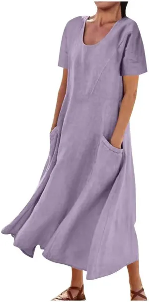 Sinzelimin Women Summer Dresses Boho Fashion Solid Color Cotton Linen Midi Dress Plus Size Loose Casual Pocket Beach Sundress