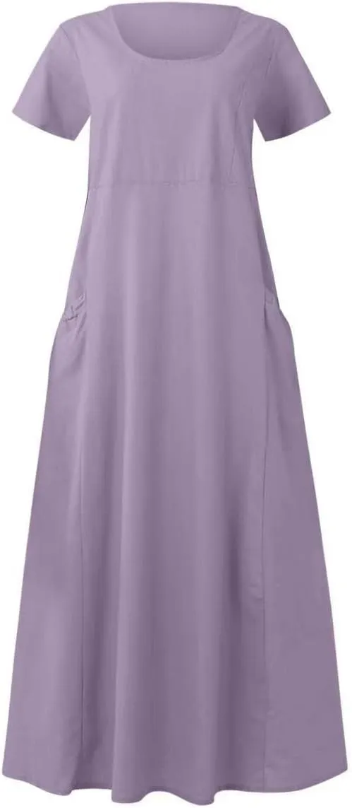 Sinzelimin Women Summer Dresses Boho Fashion Solid Color Cotton Linen Midi Dress Plus Size Loose Casual Pocket Beach Sundress
