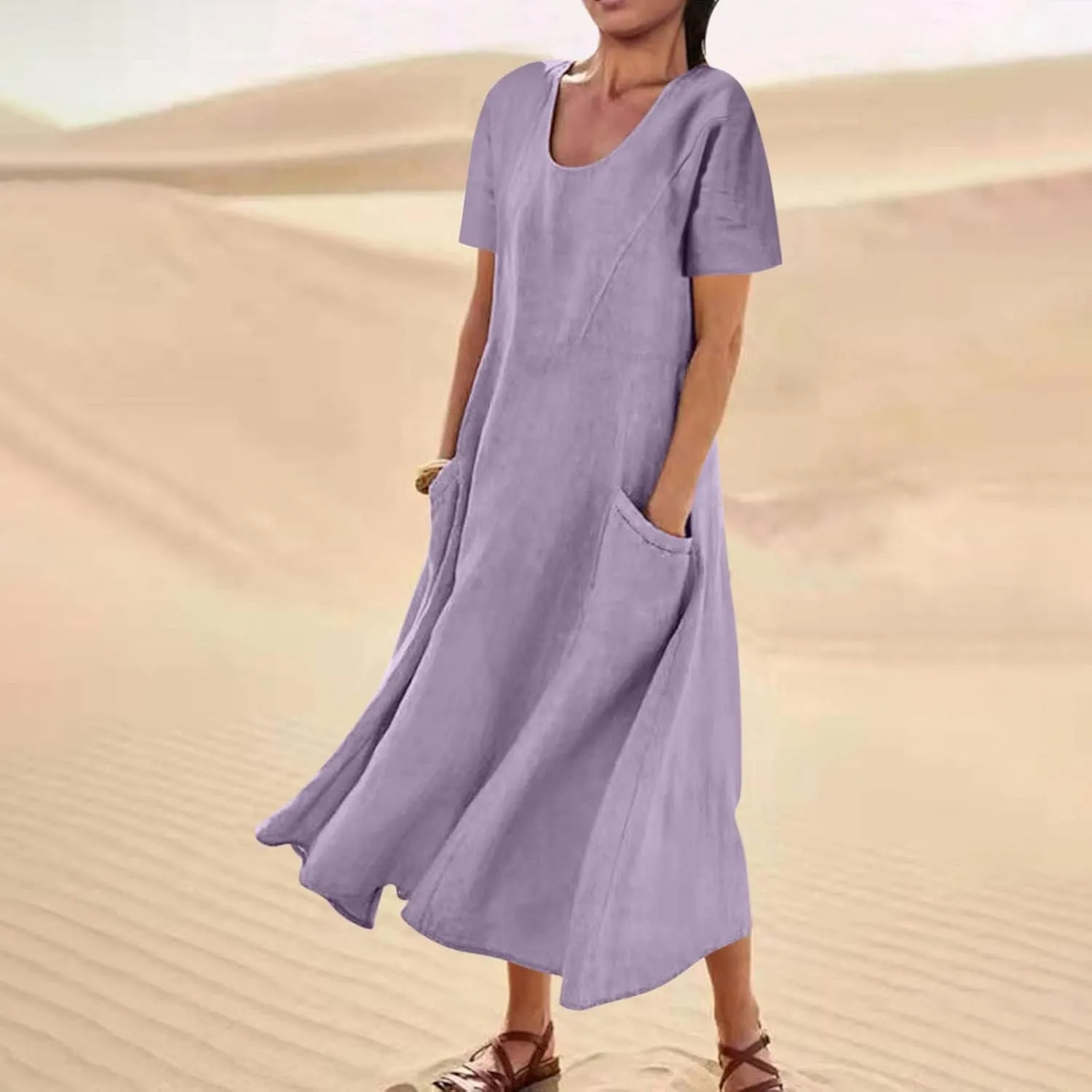 Sinzelimin Women Summer Dresses Boho Fashion Solid Color Cotton Linen Midi Dress Plus Size Loose Casual Pocket Beach Sundress