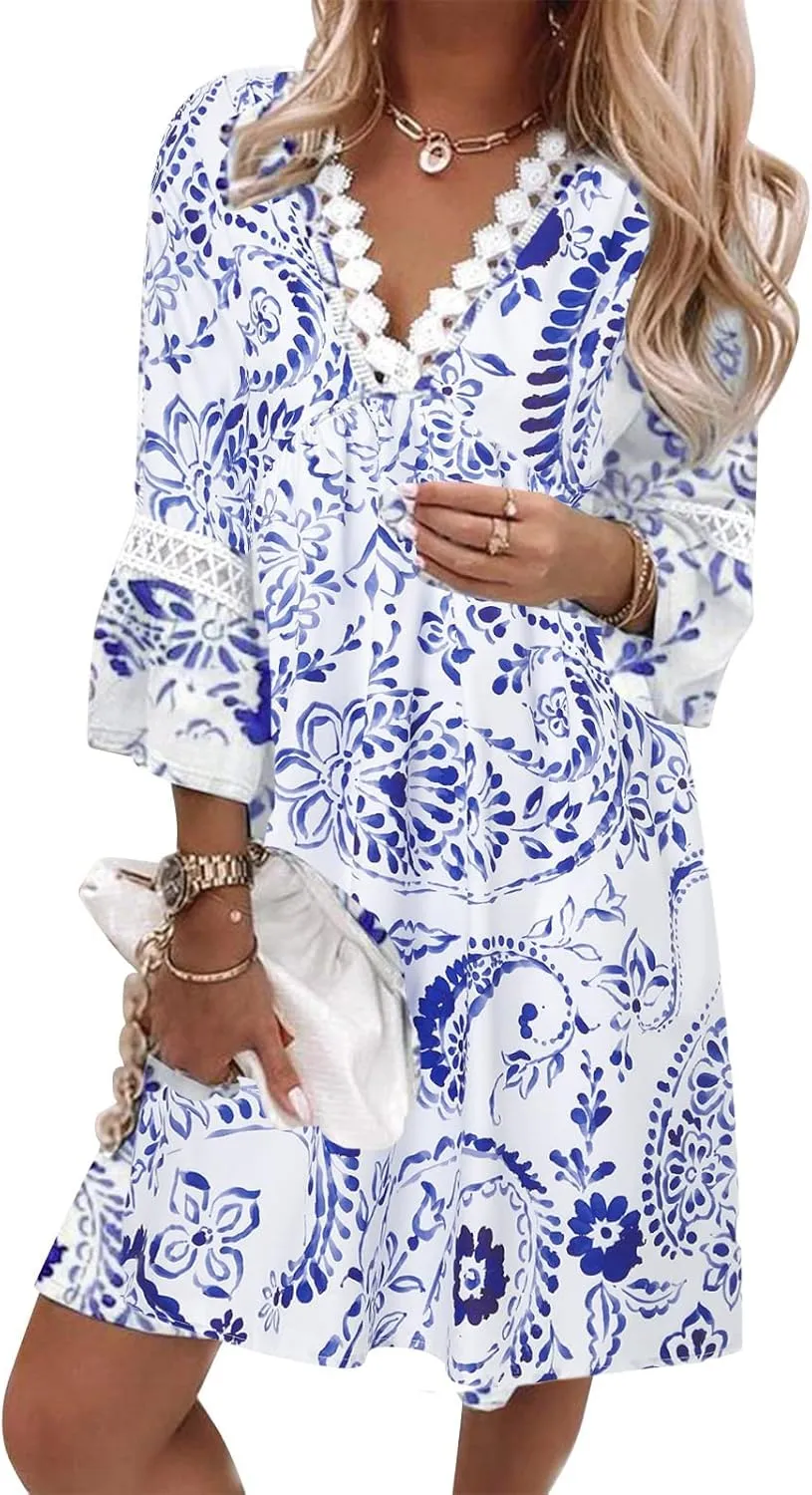 SMIDOW New Spring and Summer Dresses for Women 2023 Trendy Boho Lace Crochet v Neck Tshirt Dress Casual Beach Loose Sundress