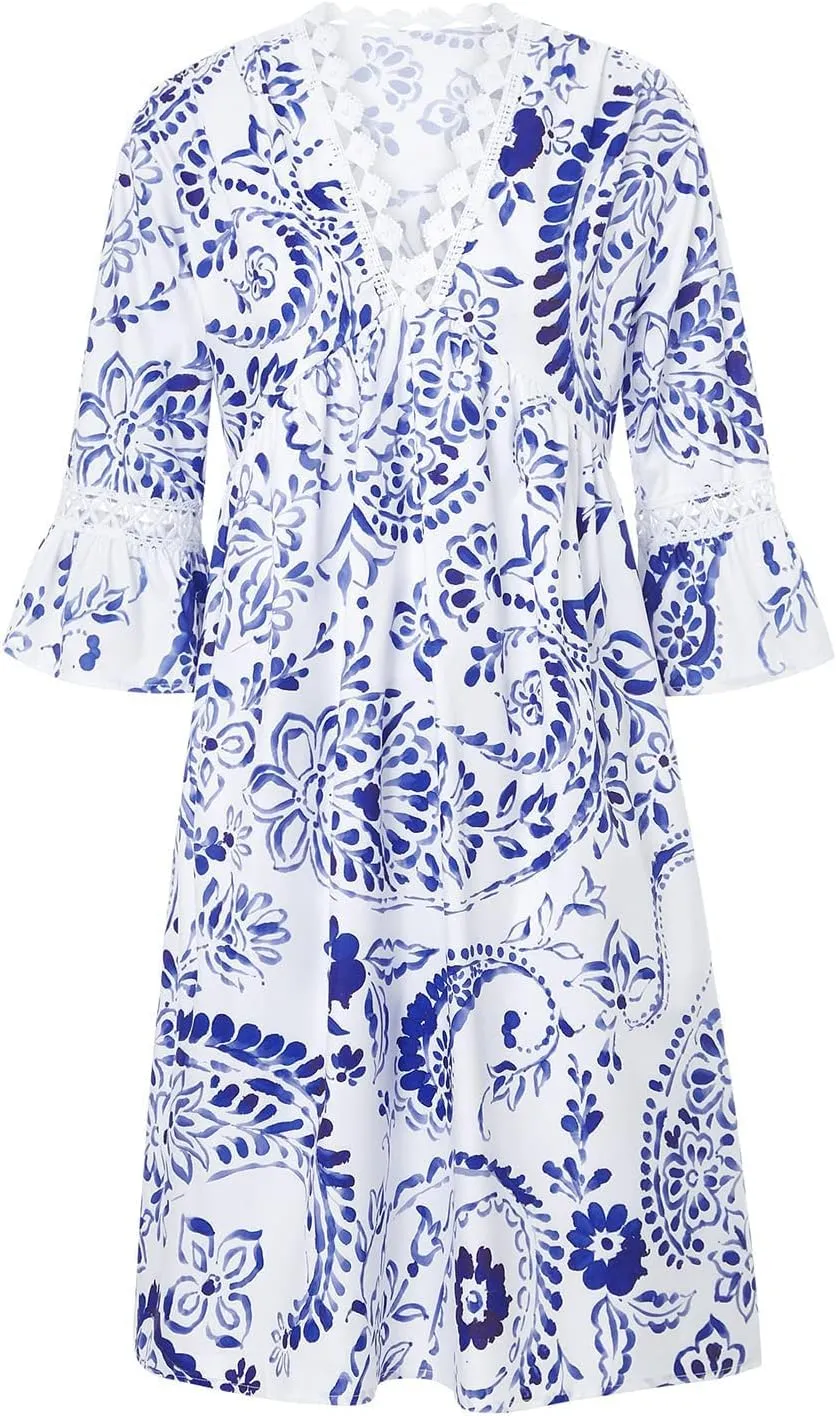 SMIDOW New Spring and Summer Dresses for Women 2023 Trendy Boho Lace Crochet v Neck Tshirt Dress Casual Beach Loose Sundress