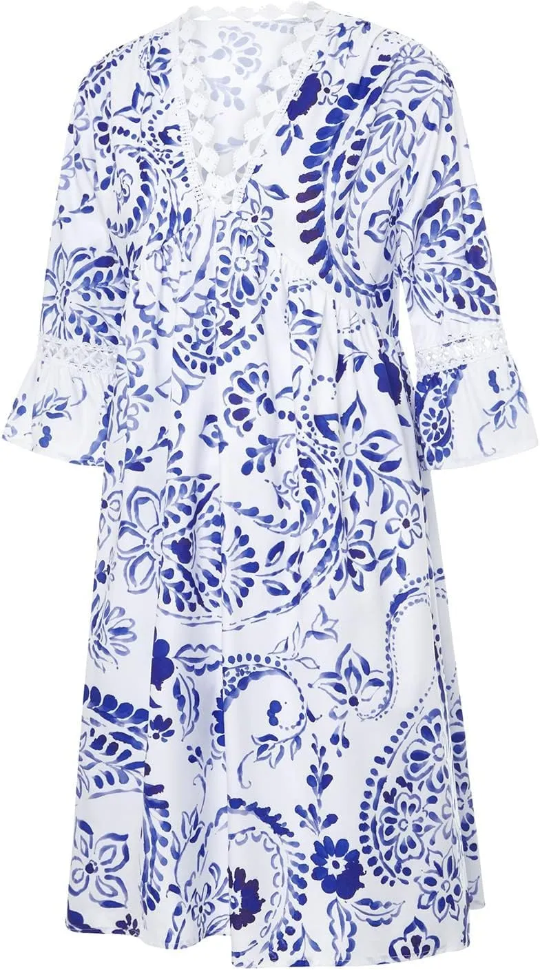 SMIDOW New Spring and Summer Dresses for Women 2023 Trendy Boho Lace Crochet v Neck Tshirt Dress Casual Beach Loose Sundress