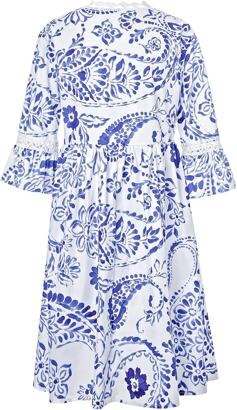 SMIDOW New Spring and Summer Dresses for Women 2023 Trendy Boho Lace Crochet v Neck Tshirt Dress Casual Beach Loose Sundress