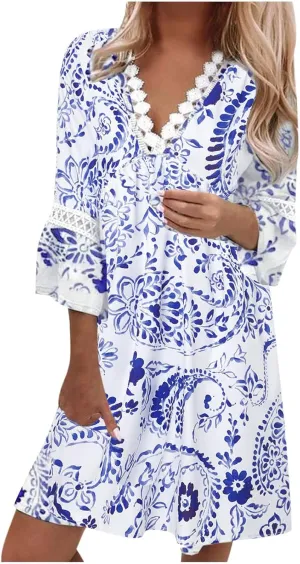 SMIDOW New Spring and Summer Dresses for Women 2023 Trendy Boho Lace Crochet v Neck Tshirt Dress Casual Beach Loose Sundress