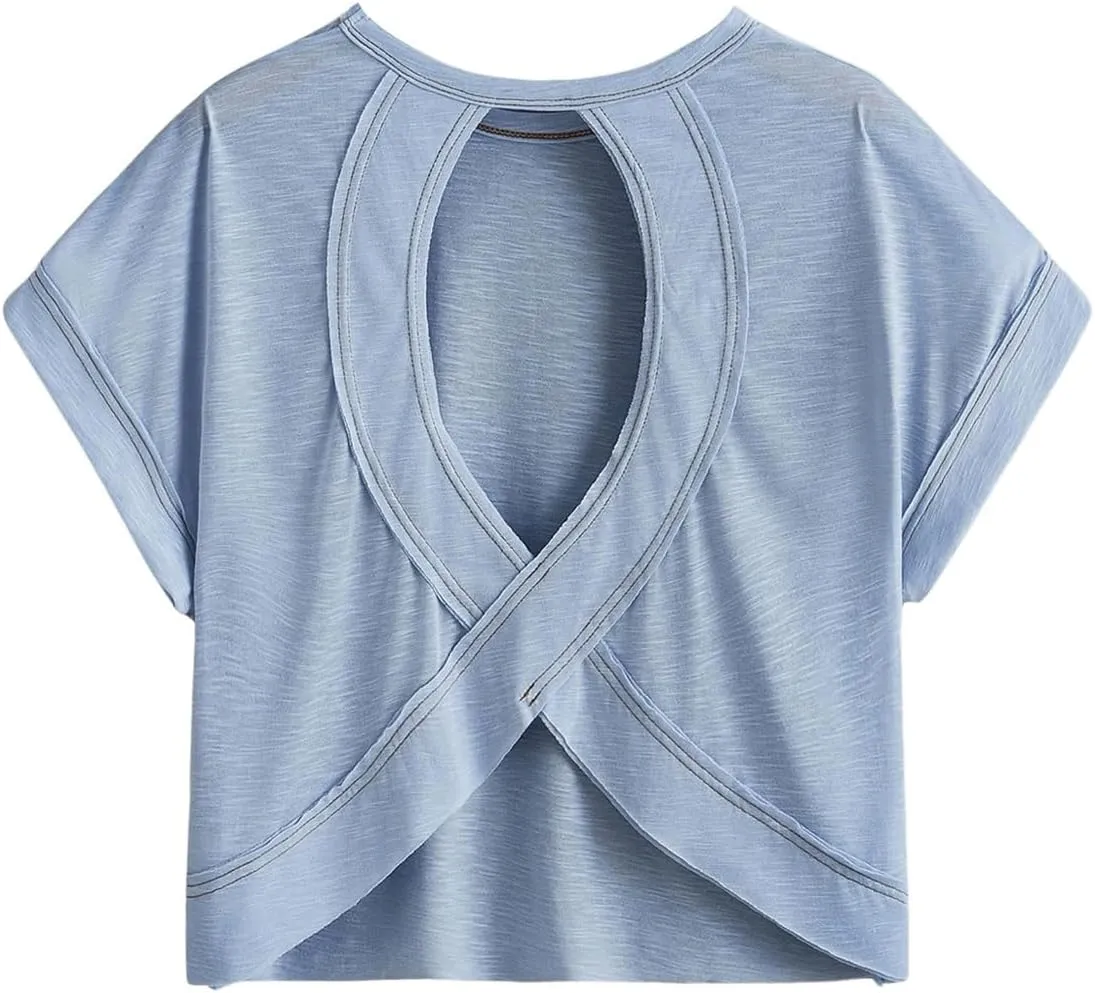 SOLY HUX 2024 Open Back Tops for Women Criss Cross Cut Out Tee Backless Casual Short Sleeve Round Neck T Shirt