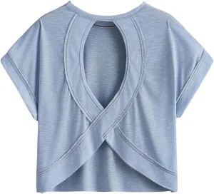 SOLY HUX 2024 Open Back Tops for Women Criss Cross Cut Out Tee Backless Casual Short Sleeve Round Neck T Shirt