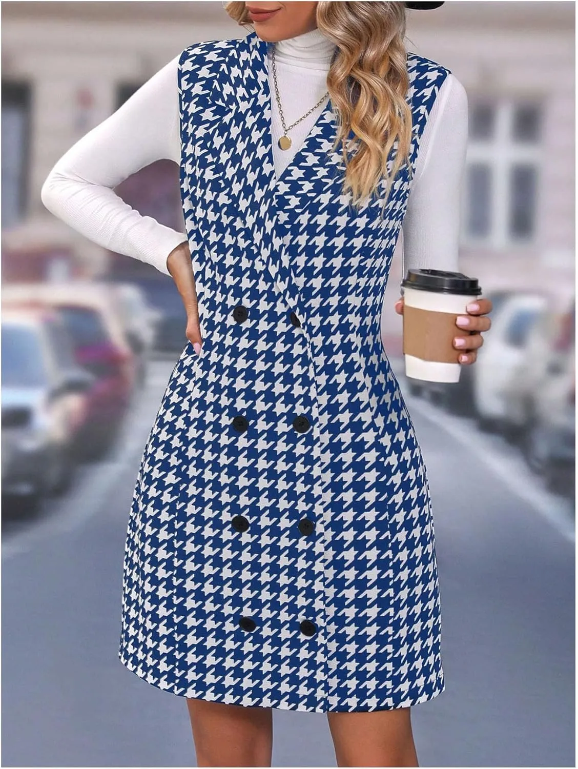 SOLY HUX Women's Plaid Houndstooth Print Blazer Long Vest Top Sleeveless Cardigan Jacket