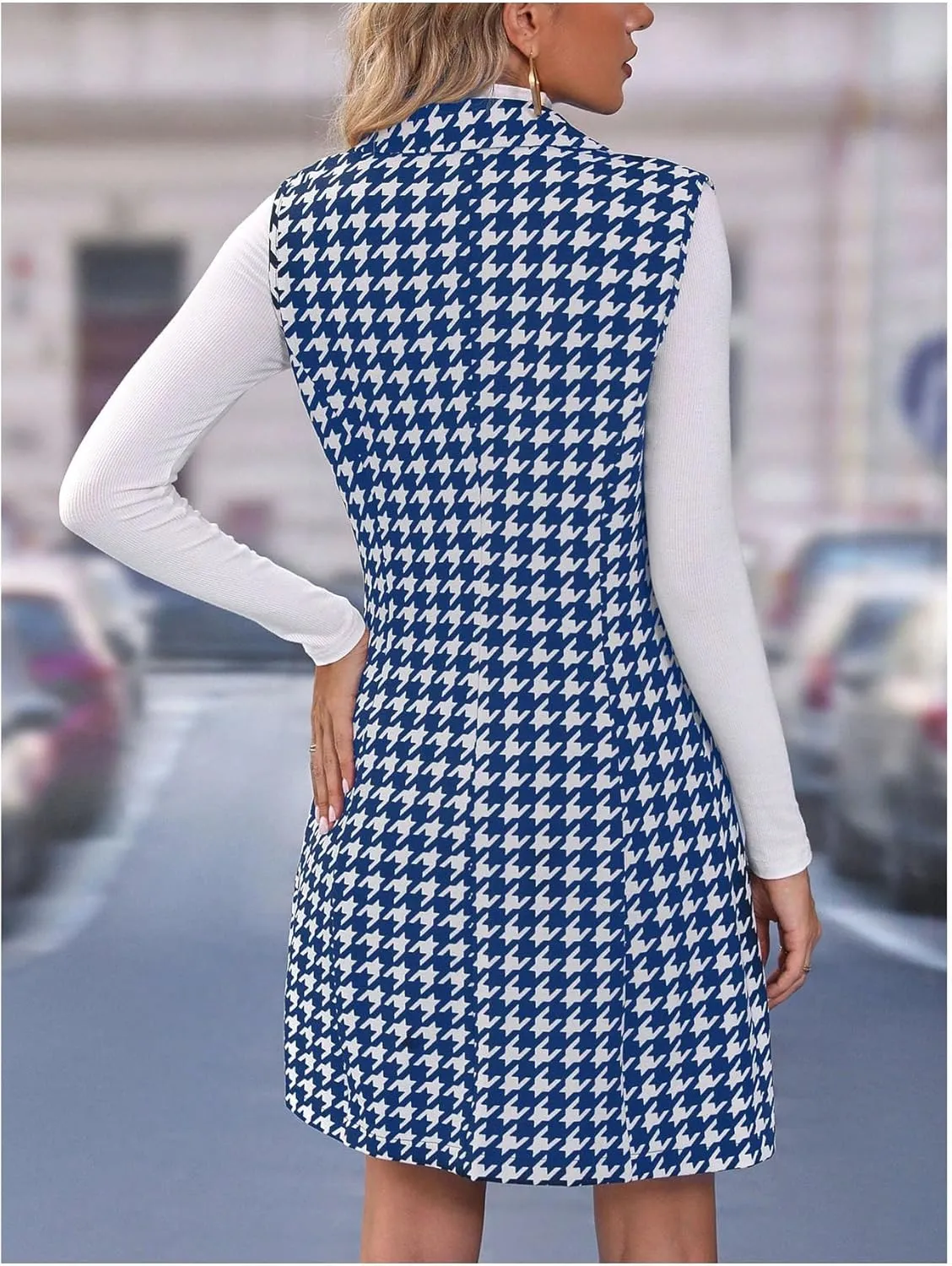 SOLY HUX Women's Plaid Houndstooth Print Blazer Long Vest Top Sleeveless Cardigan Jacket