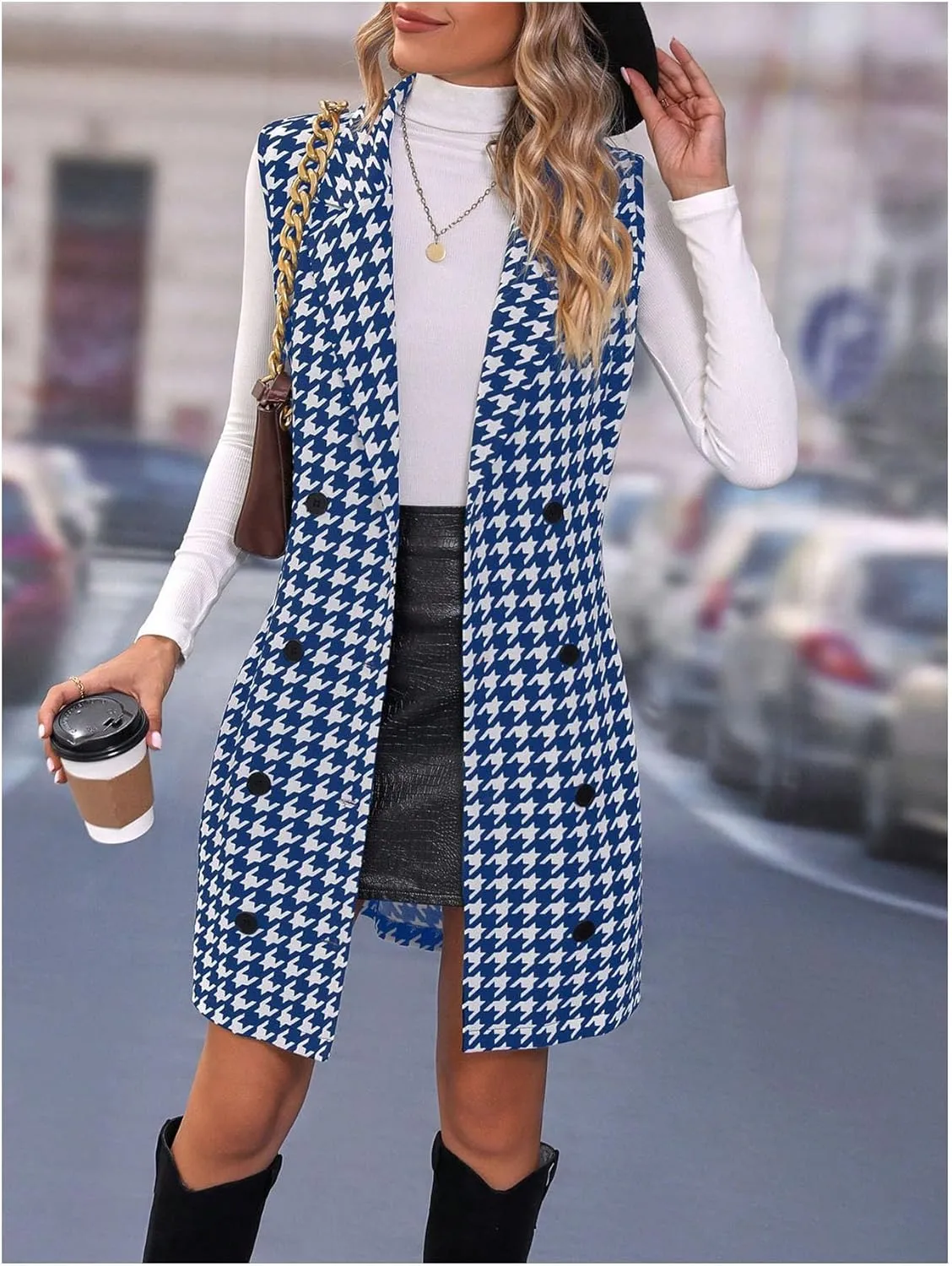 SOLY HUX Women's Plaid Houndstooth Print Blazer Long Vest Top Sleeveless Cardigan Jacket
