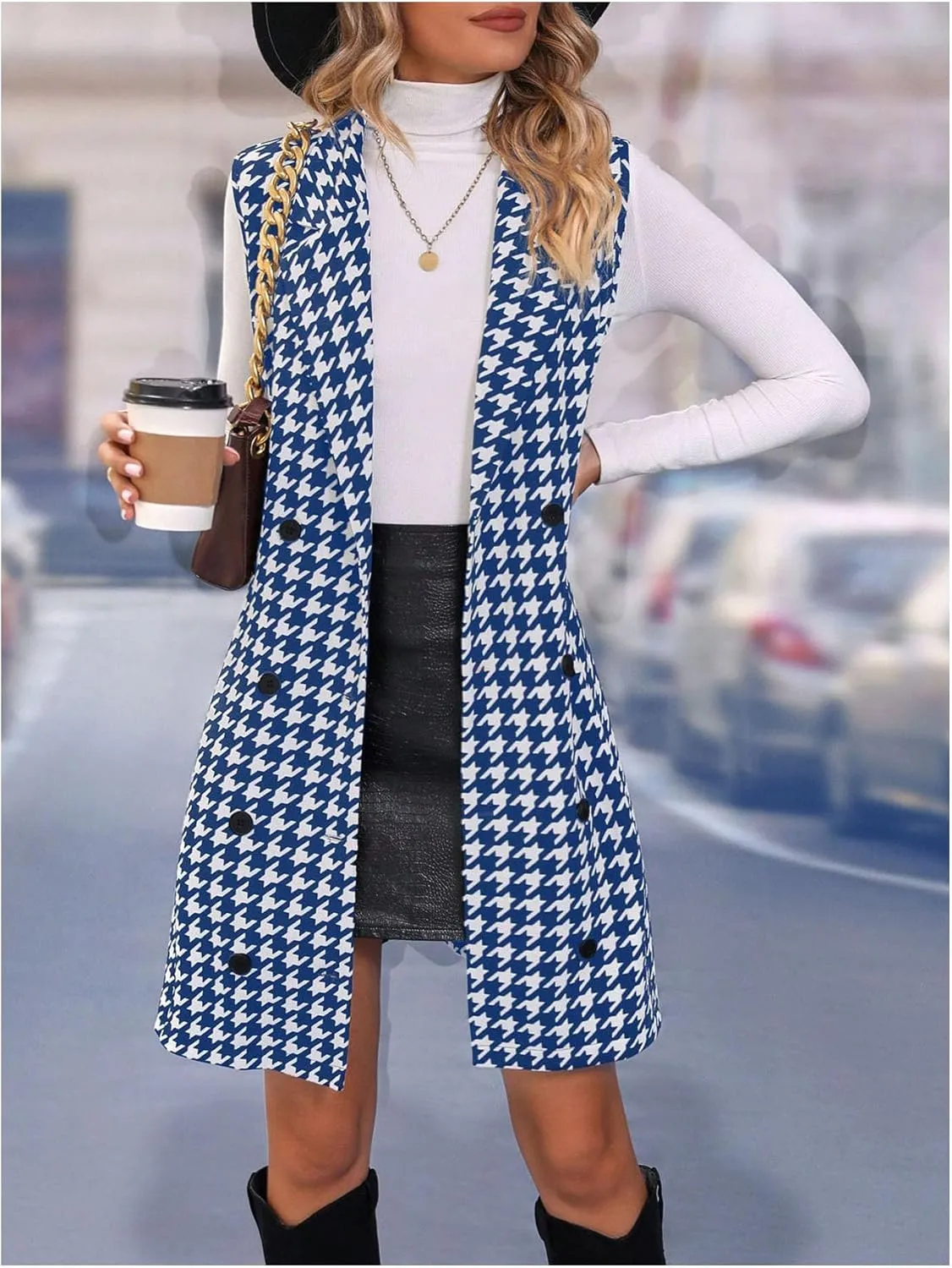 SOLY HUX Women's Plaid Houndstooth Print Blazer Long Vest Top Sleeveless Cardigan Jacket
