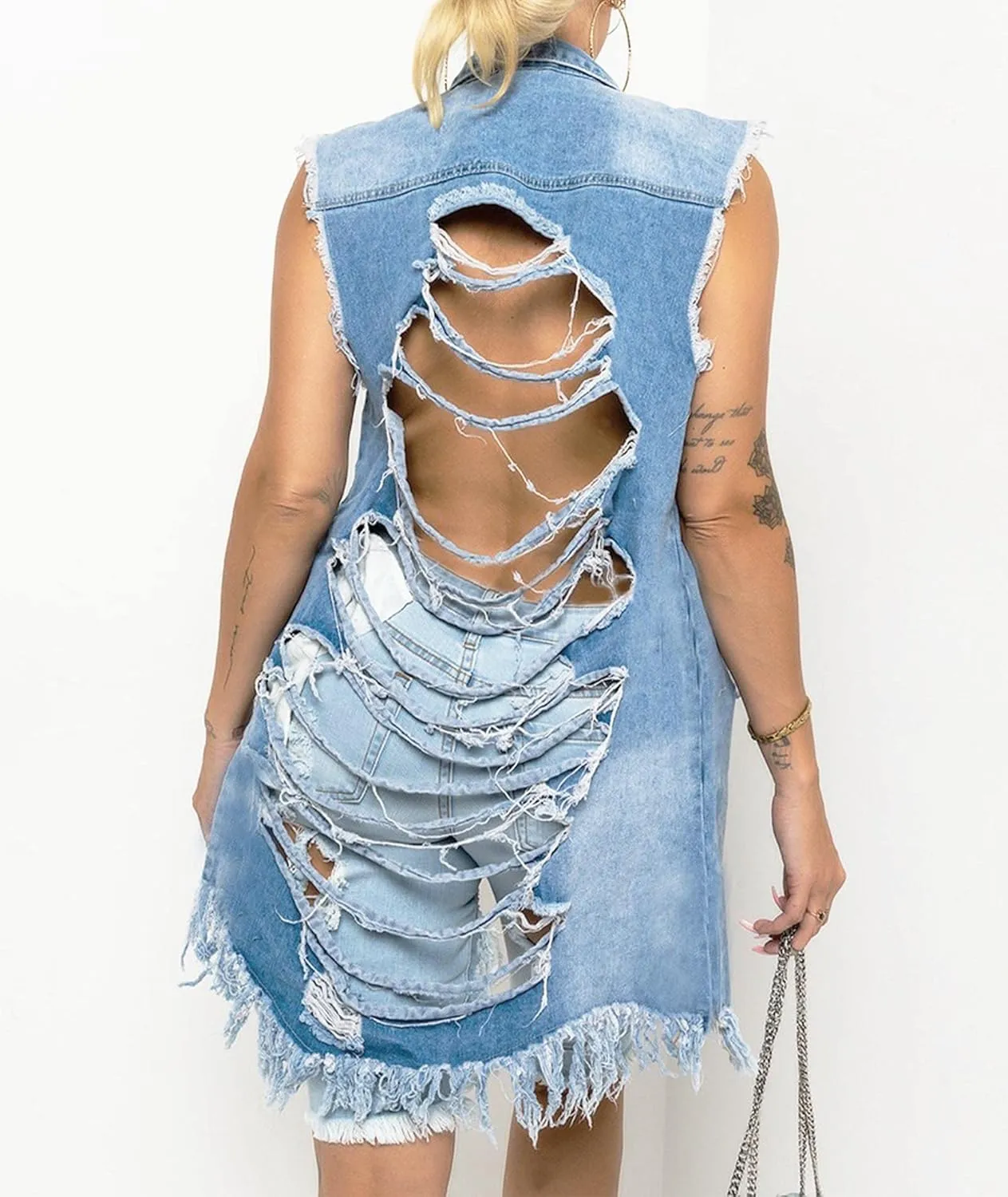 SOMTHRON Women's Distressed Ripped Sleeveless Mid Long Denim Jacket Button Up Jean Vest Cardigan Coats Waistcoat