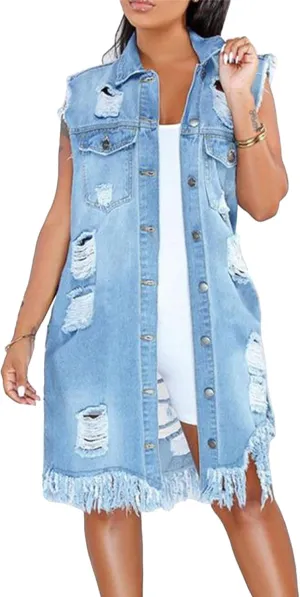SOMTHRON Women's Distressed Ripped Sleeveless Mid Long Denim Jacket Button Up Jean Vest Cardigan Coats Waistcoat