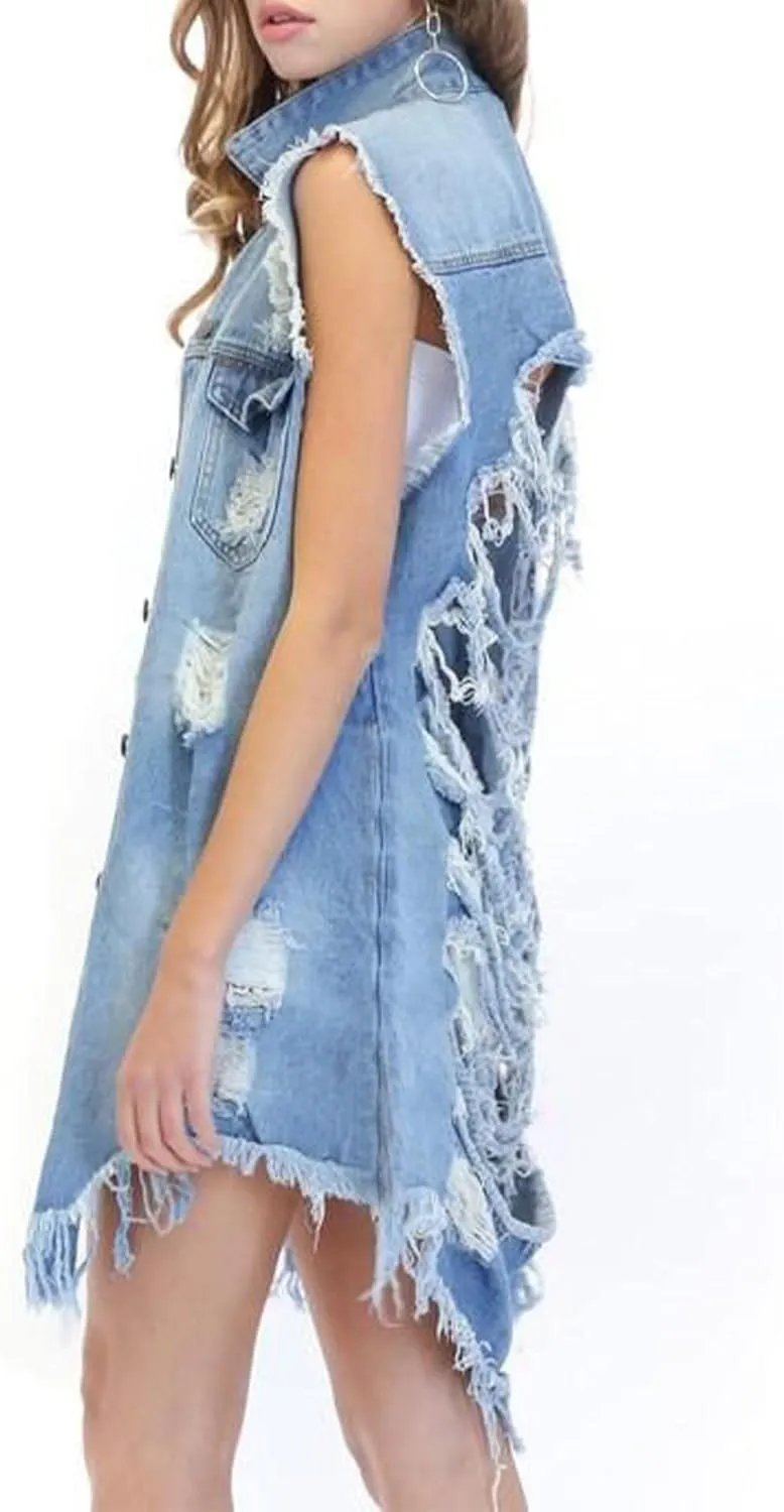 SOMTHRON Women's Distressed Ripped Sleeveless Mid Long Denim Jacket Button Up Jean Vest Cardigan Coats Waistcoat