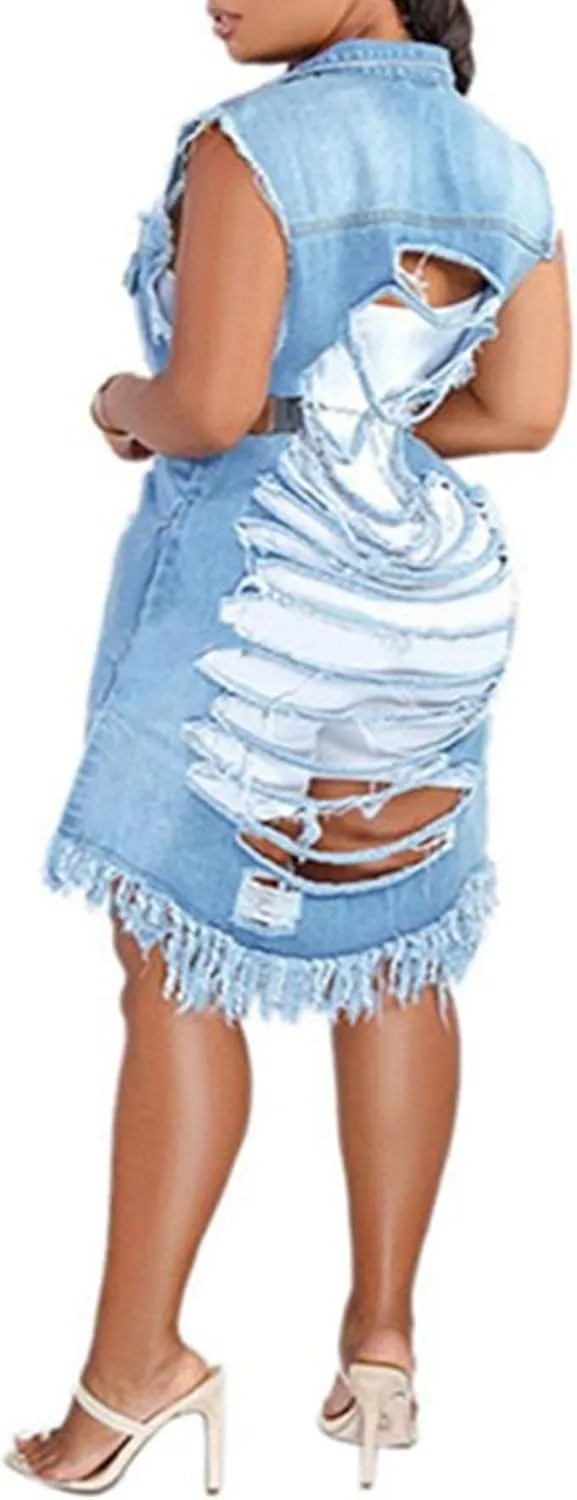 SOMTHRON Women's Distressed Ripped Sleeveless Mid Long Denim Jacket Button Up Jean Vest Cardigan Coats Waistcoat
