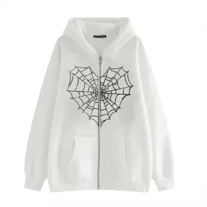 Spider Web Love Heart Hoodie Men Women, Full Zip Up Graphic Print Y2k Hoodies Oversized Jackets