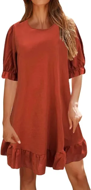 Spring Dresses for Women 2024 Midi Fashion Solid Retro Cotton and Linen Mid Sleeve Round Neck Short Sleeve Dress for Women