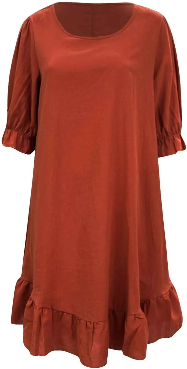 Spring Dresses for Women 2024 Midi Fashion Solid Retro Cotton and Linen Mid Sleeve Round Neck Short Sleeve Dress for Women