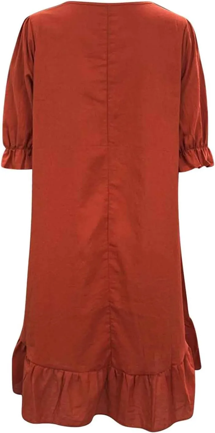Spring Dresses for Women 2024 Midi Fashion Solid Retro Cotton and Linen Mid Sleeve Round Neck Short Sleeve Dress for Women