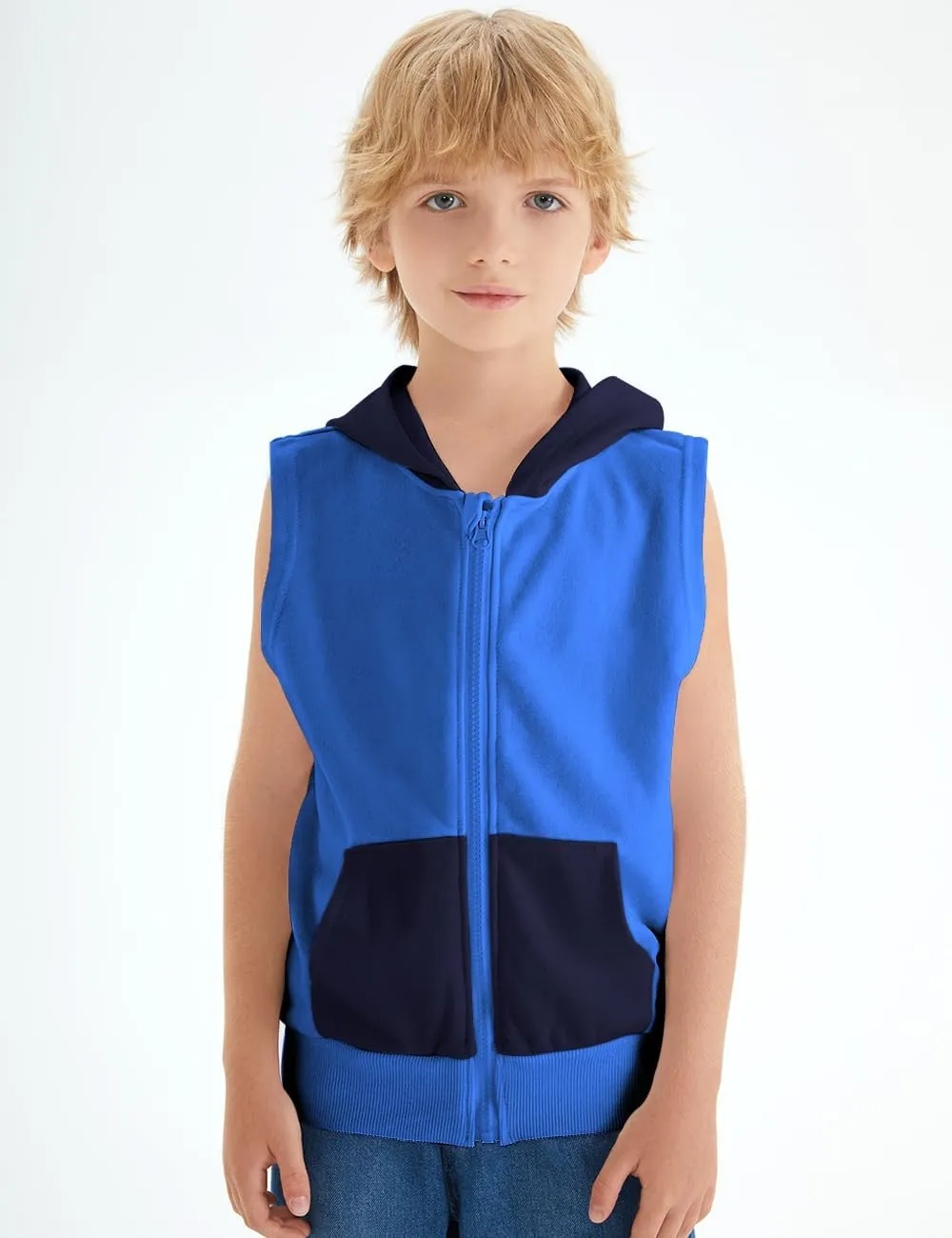 Spring&Gege Boys Full Zip Sleeveless Hooded Vest Basic Zipper Tank Tops Sweatshirt with Pockets