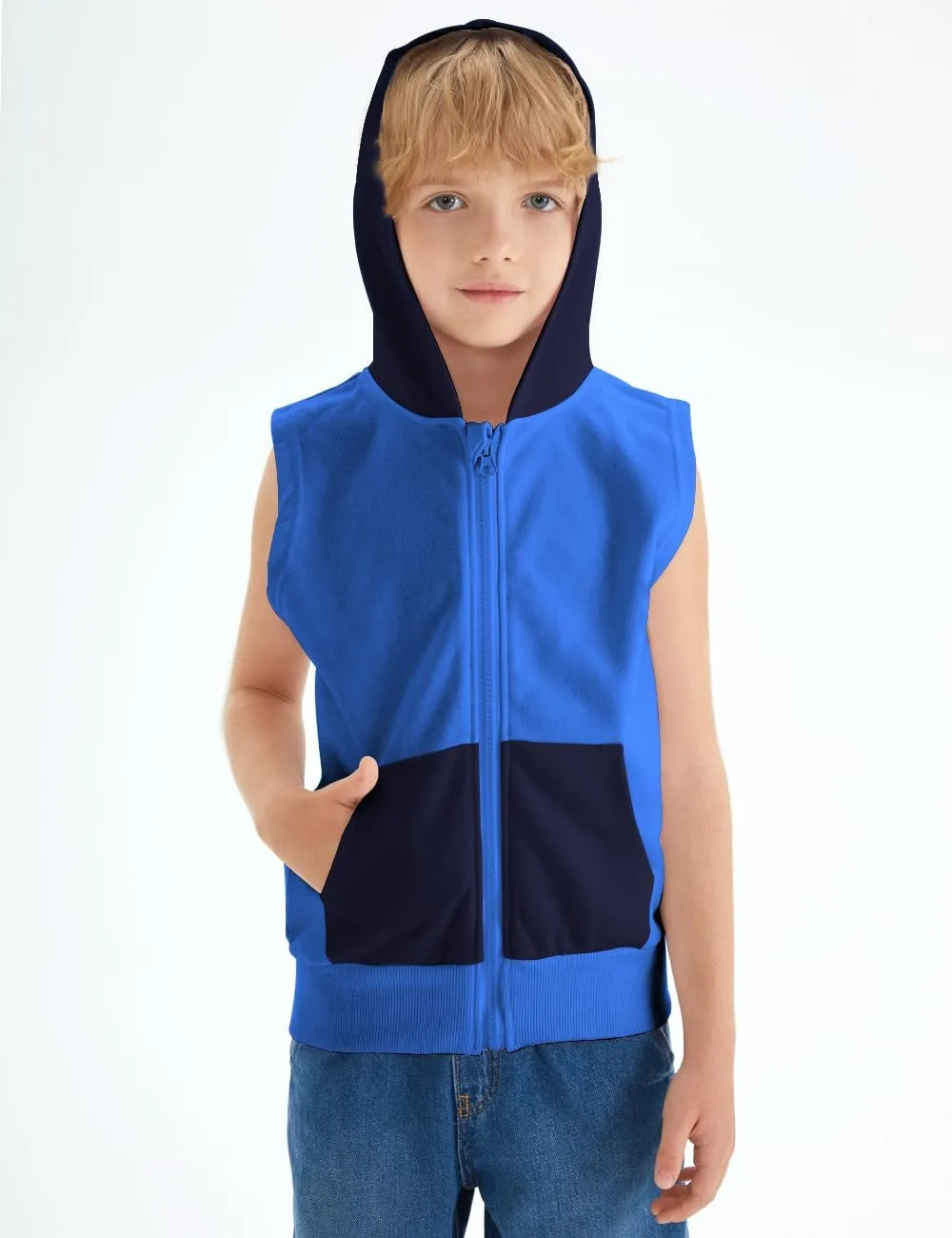 Spring&Gege Boys Full Zip Sleeveless Hooded Vest Basic Zipper Tank Tops Sweatshirt with Pockets