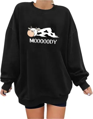 Stessotudo Oversized Sweatshirts for Women Cow Print Cute Long Sleeve Tops Funny Sayings Pullover Casual Western Shirts 2023