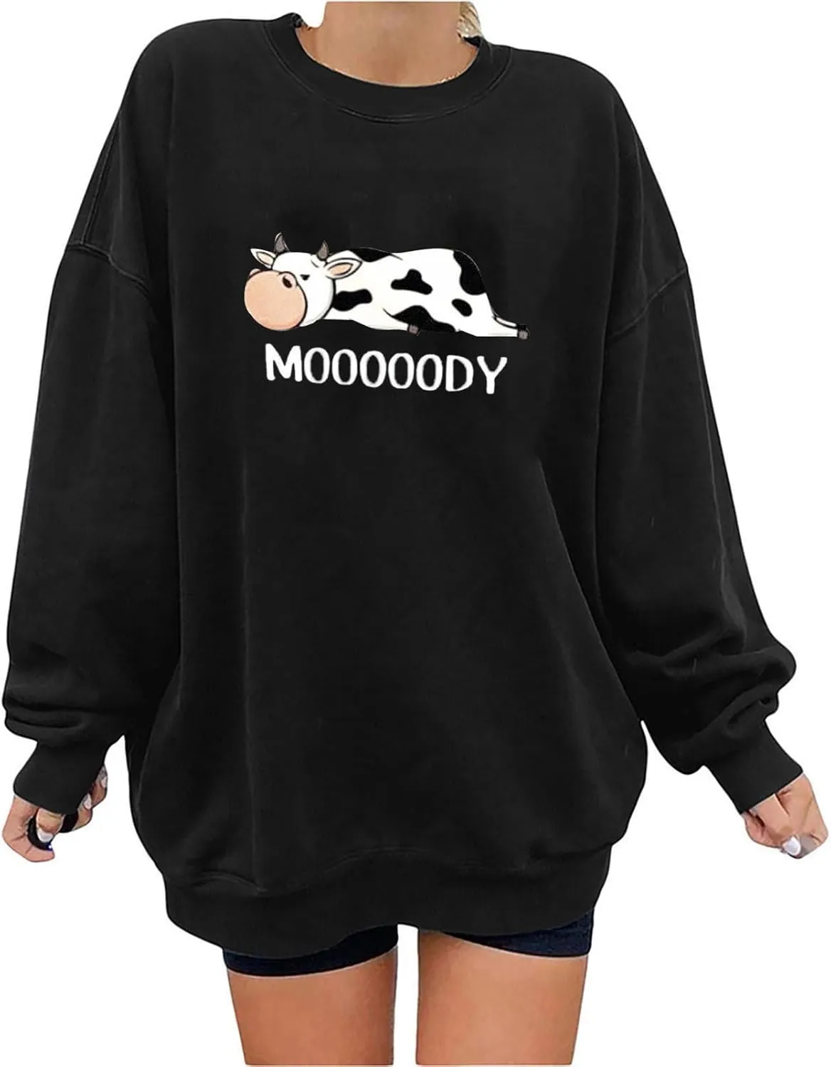 Stessotudo Oversized Sweatshirts for Women Cow Print Cute Long Sleeve Tops Funny Sayings Pullover Casual Western Shirts 2023