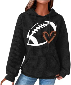 Stessotudo Womens Waffle Knit Hoodies Casual Long Sleeve Cute Football Print Sweatshirts Drawstring Trendy Pullover Tops 2023