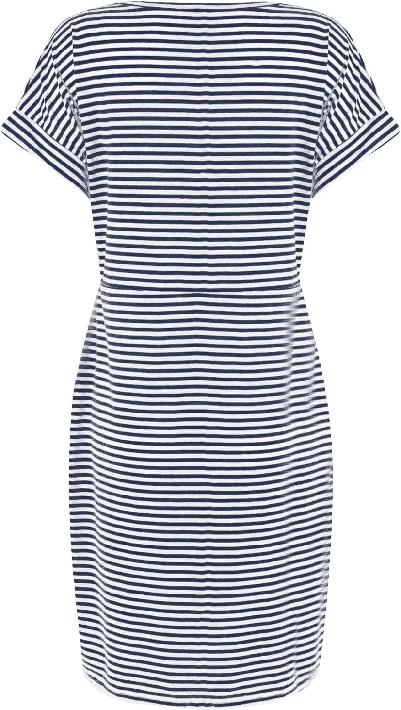Striped Tshirt Dress Women Tie Strap Front T Shirt Dress with Pockets Summer Crew Neck Short Sleeve Knee Length Dresses