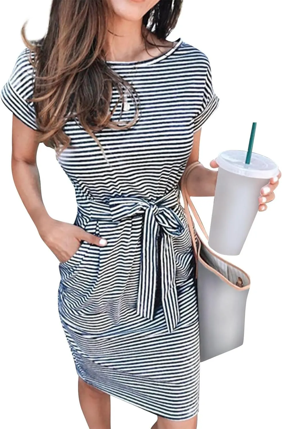 Striped Tshirt Dress Women Tie Strap Front T Shirt Dress with Pockets Summer Crew Neck Short Sleeve Knee Length Dresses