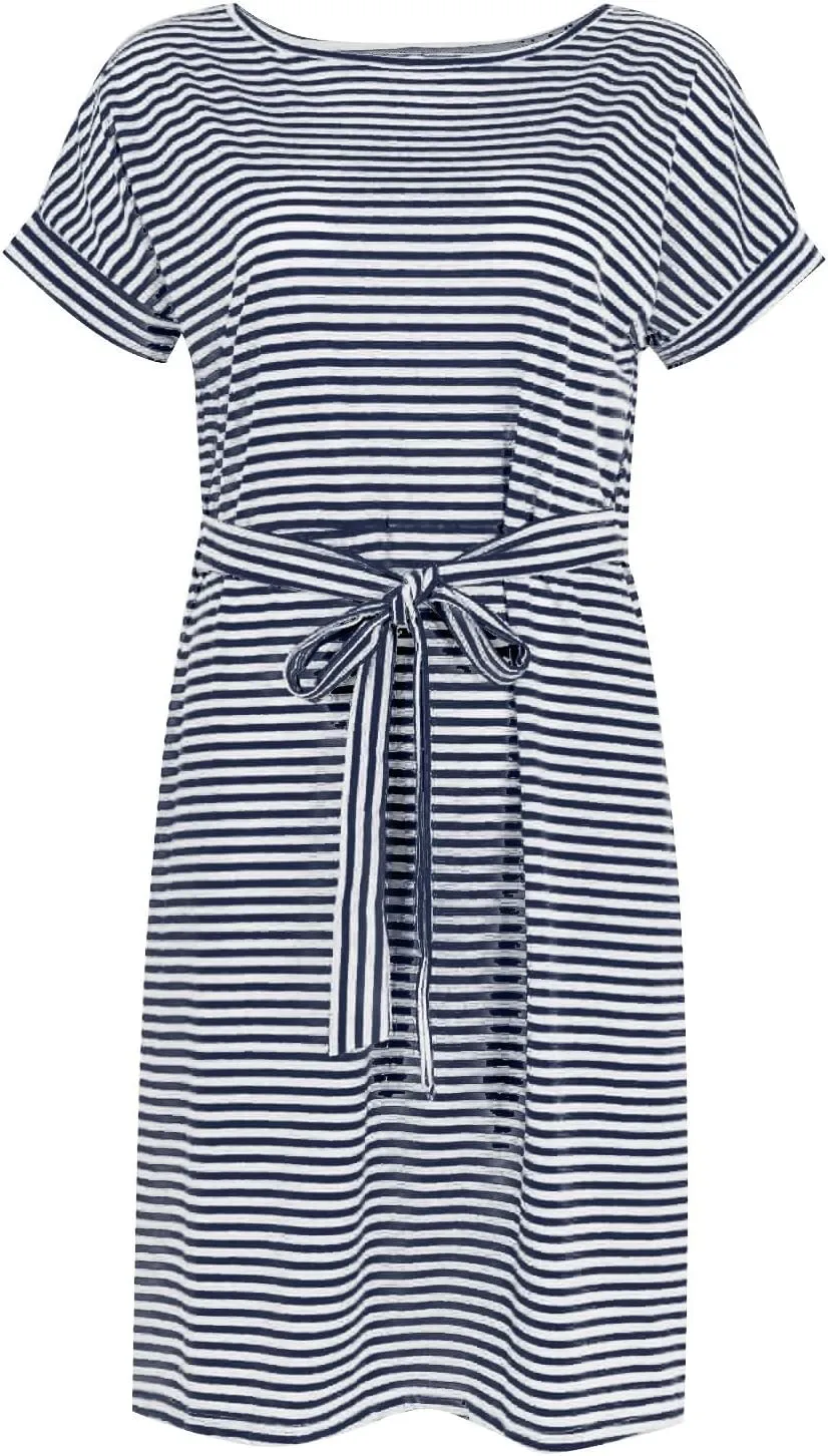 Striped Tshirt Dress Women Tie Strap Front T Shirt Dress with Pockets Summer Crew Neck Short Sleeve Knee Length Dresses