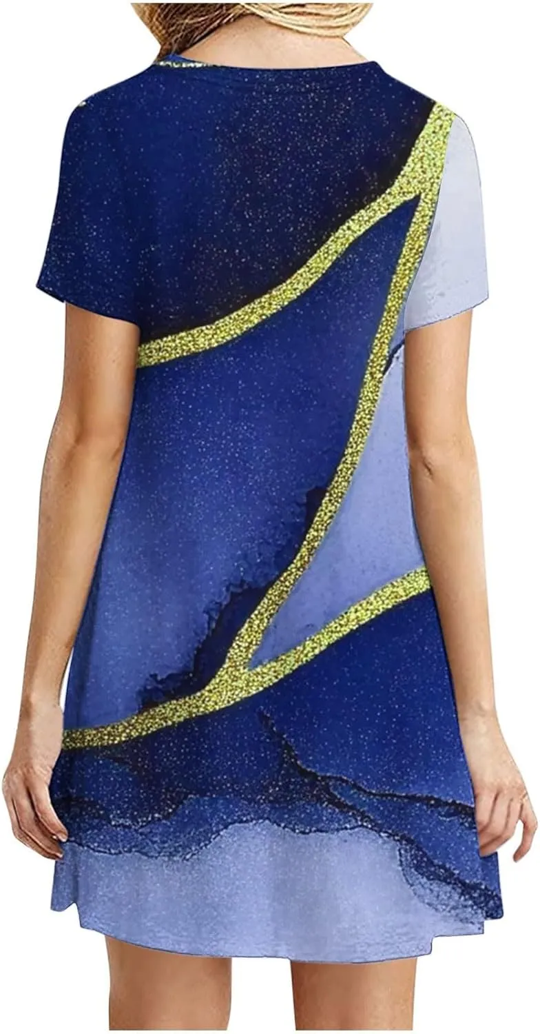 Summer Dress with Sleeves Women Printed Mini Dress Knee Length Flowy Beach Dresses Spring Dresses for Women