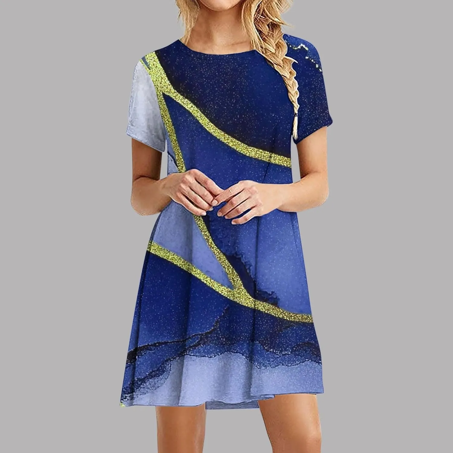 Summer Dress with Sleeves Women Printed Mini Dress Knee Length Flowy Beach Dresses Spring Dresses for Women